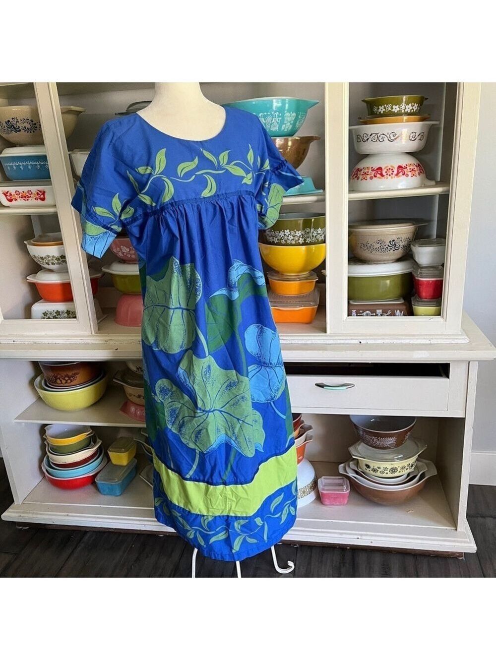 T & L Muumuu Factory Hawaii Blue and Green Floral Mumu Dress - Size Medium